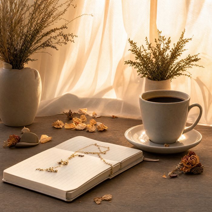 A cup of coffee and an open journal in warm morning light