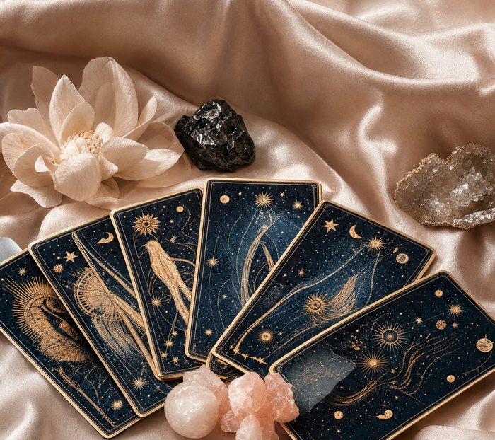 Tarot cards fanned out on cream silk with crystals